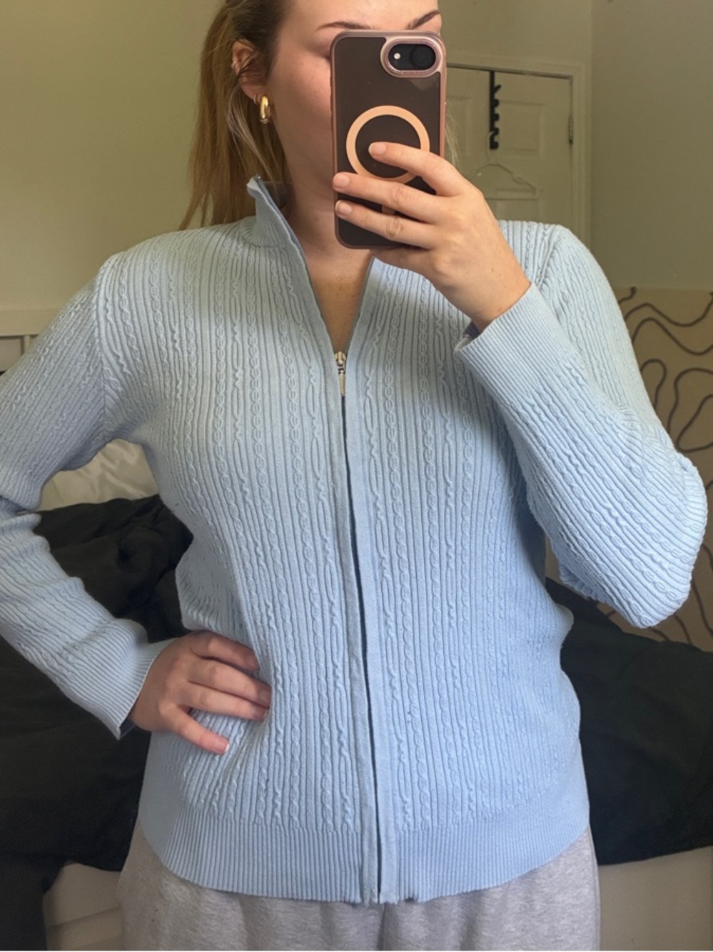 Light Blue Zip-Front Cable Knit Sweater - Women's Crew/Scoop